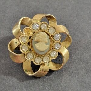 Vintage Gold Tone Blue White Cameo Brooch Woman Silhouette Rhinestones 1"